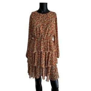 Floral Tiered Long-Sleeve Dress in Rust Floral